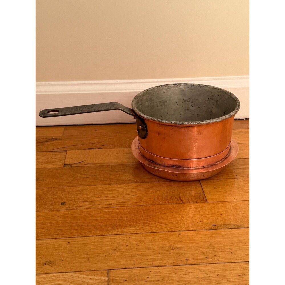 Antique Copper Pot w/ Iron Handle 7” Diameter 4” Height Rustic Farmhouse Kitchen